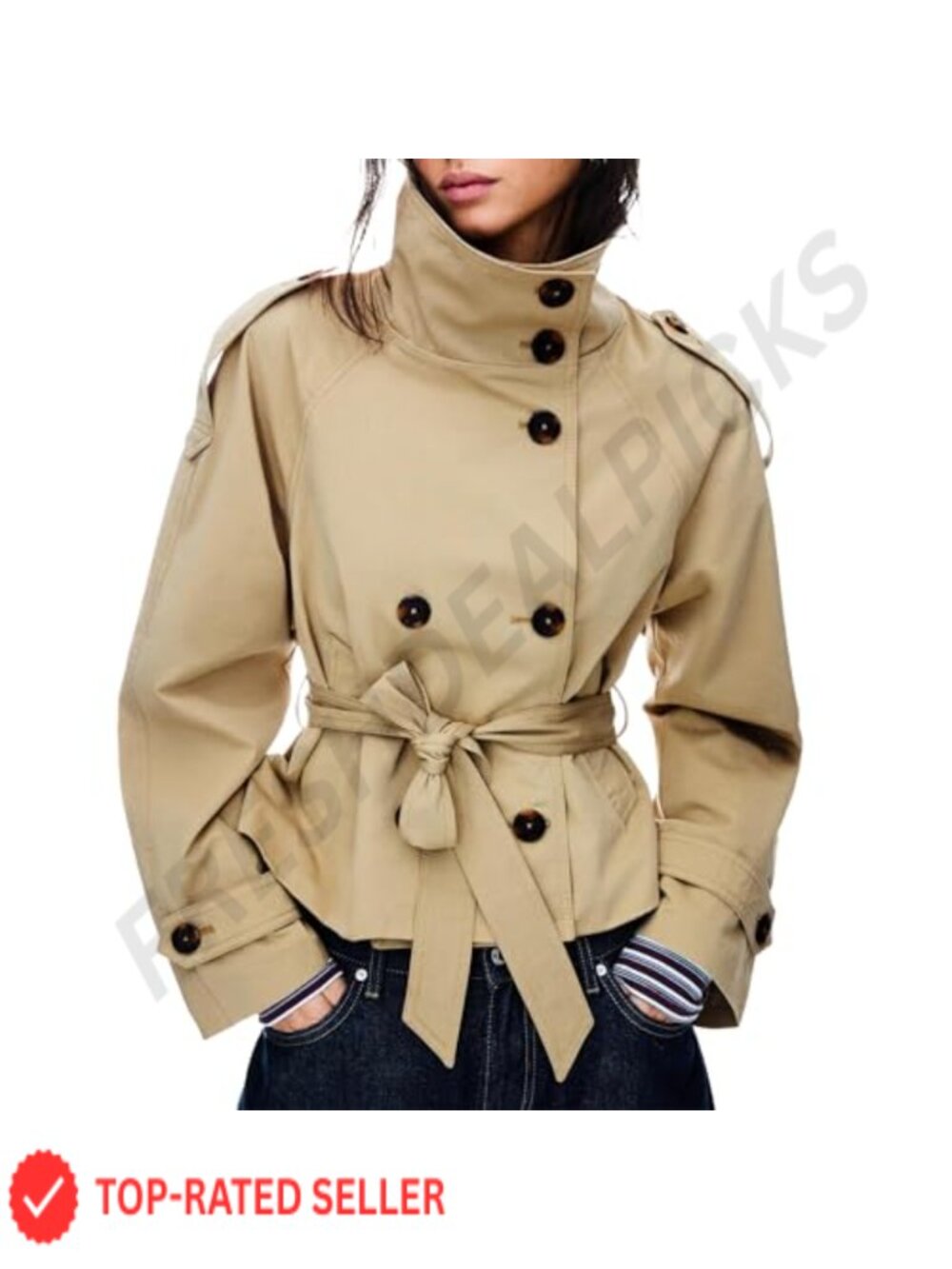 Cropped Double Breasted Trench Coat Belted High Collar Fall